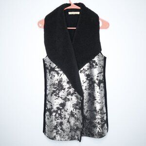 Mesh & Lace Black & Silver Sherpa-Lined Open Front Vest - M. Polyester/Acrylic